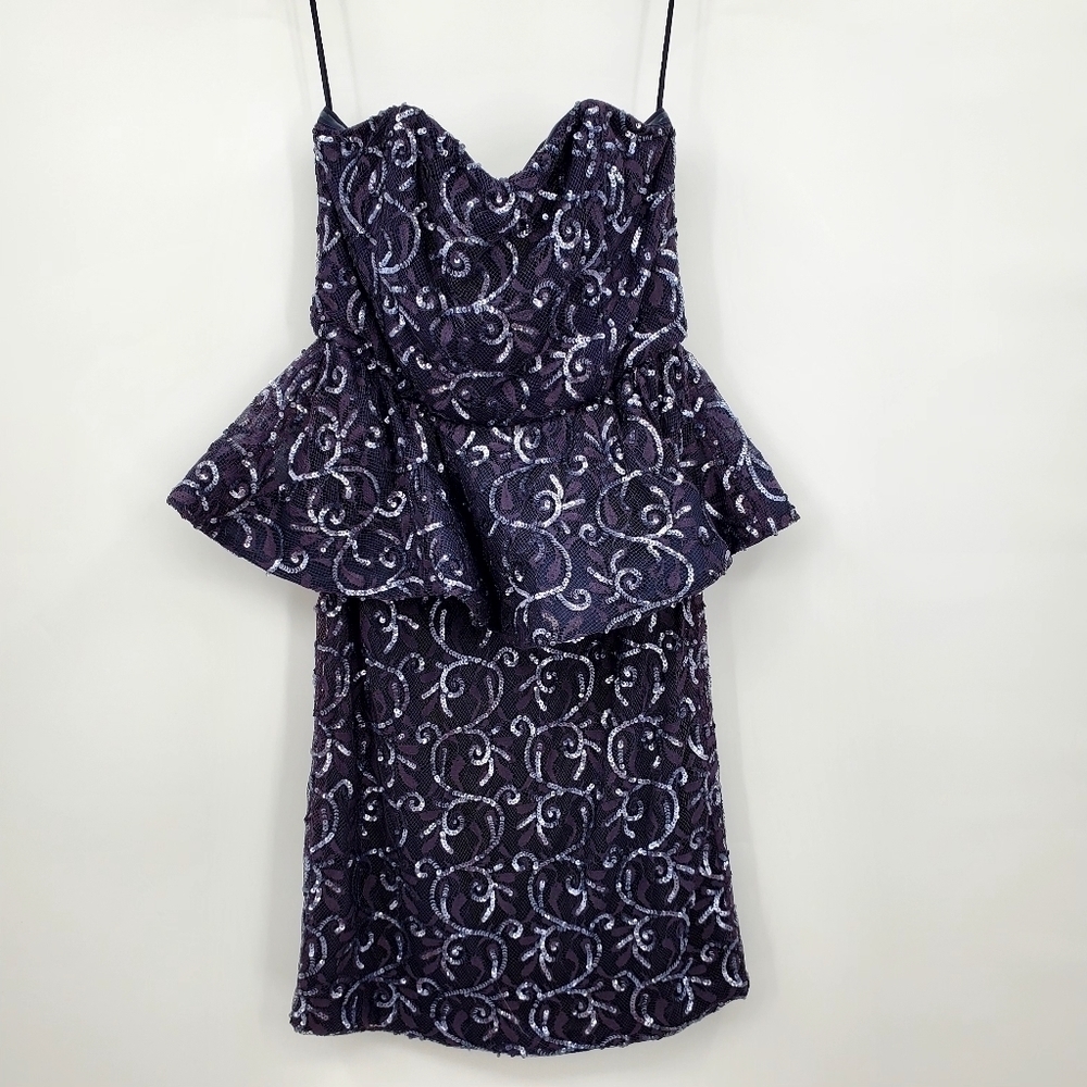 Alice + Olivia Navy Blue Peplum Lace Sequin Mini Dress